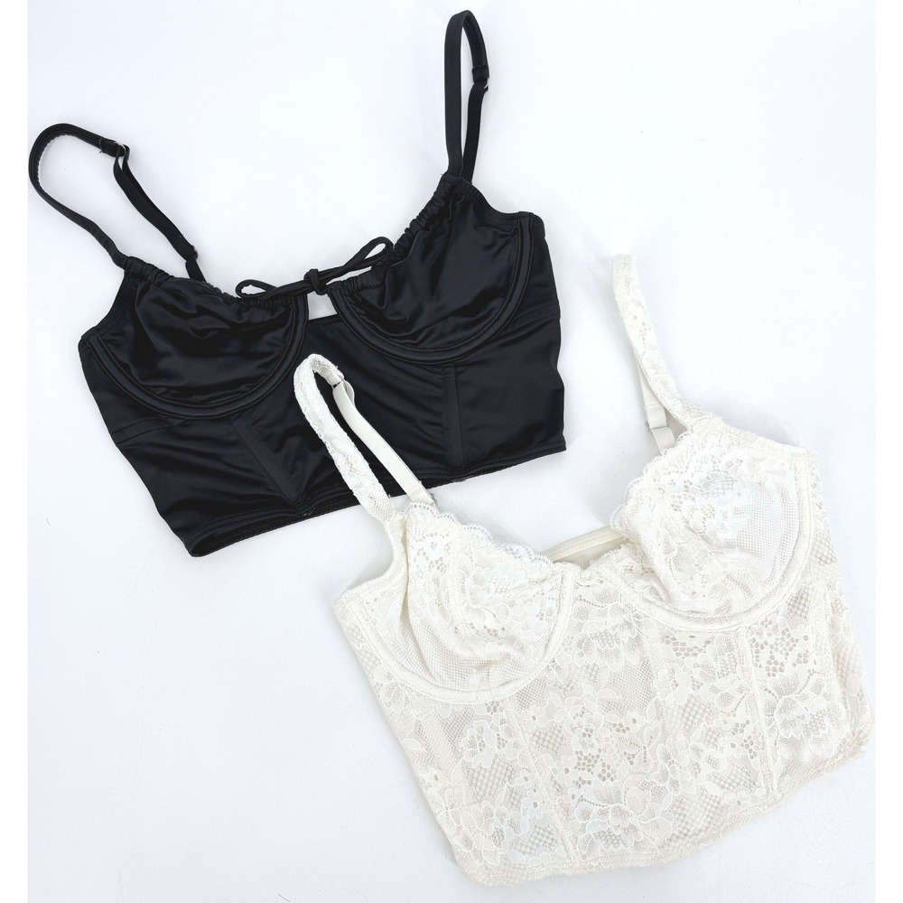 Lot 2 Gilly Hicks Corset Crop Tops Black White Lace Satin Underwire Bustier XS
